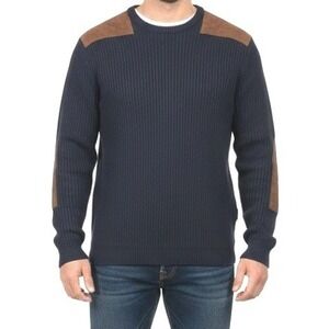 Duck Head Expedition Mens L Navy Blue Ribbed Cotton Sweater Suede Elbow Patches